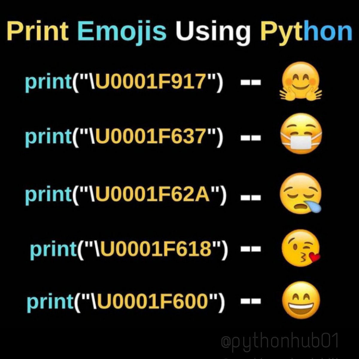 pythonhub01's tweet image. ♠️
Save this post for future use and Tag or Share it to your programming buddy so He/She learn it too.
Follow @pythonhub01 for more Python programming contents .
instagram.com/p/CURG_B8v4M5/…
#python #programming #trending #code #emojis #engineer #Java