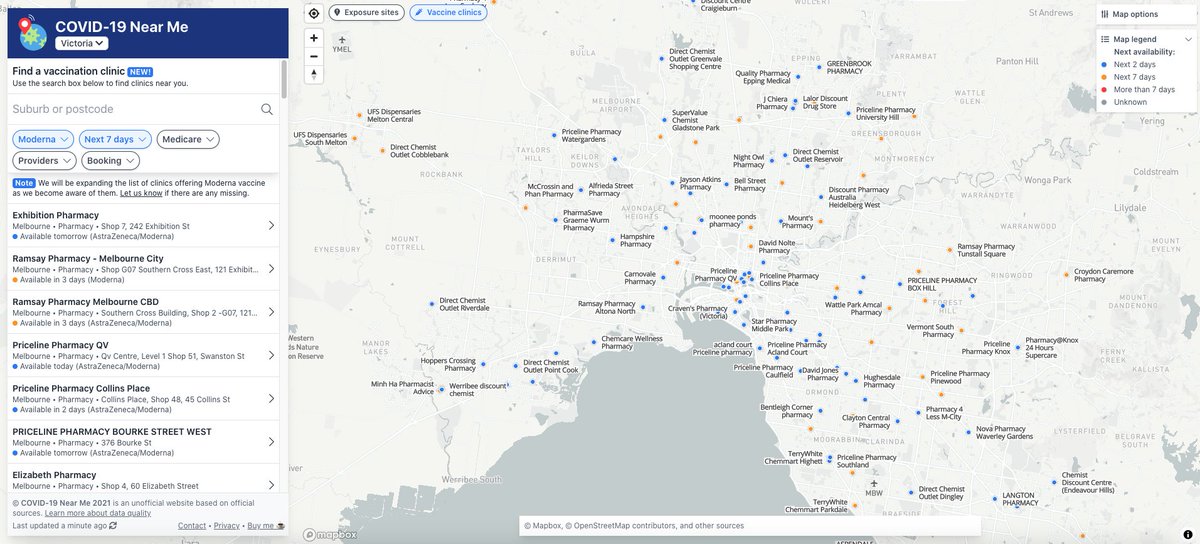 💉There are over 220+ pharmacies across Victoria with appointments to get the Moderna vaccine within the next 7 days

You can book an appointment for the Moderna vaccine if you are 12 to 59 years old.

Get your jab today! covid19nearme.com.au/state/vic/vacc…