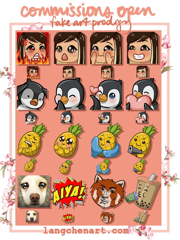 fakeartprodigy's tweet photo. I'm opening commissions for Twitch emotes, banners, profile pictures, and more! See more work and/or place an order here: https://t.co/oK0Ya2VJJ4 #commissionsopen #TwitchStreamers https://t.co/0tq5LJrSgy