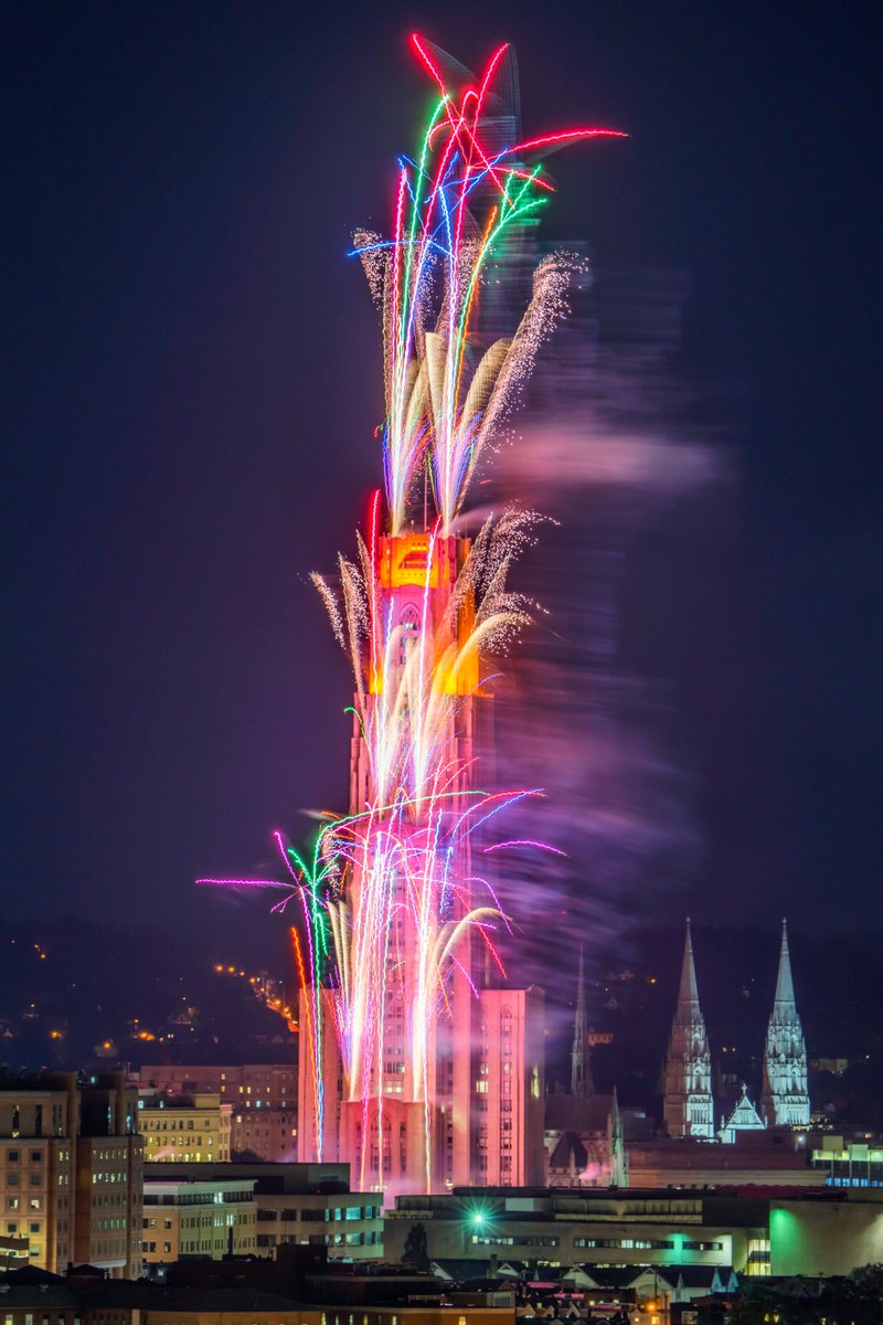 DaveDiCello's tweet photo. What a fireworks display for Pitt's Homecoming, and the view from the South Side Slopes was perfect, with both the ones from the Cathedral and from Schenley Plaza perfectly visible. The first one of the Cathedral of Learning might be a new all-time favorite. https://t.co/rV0086kNQ4