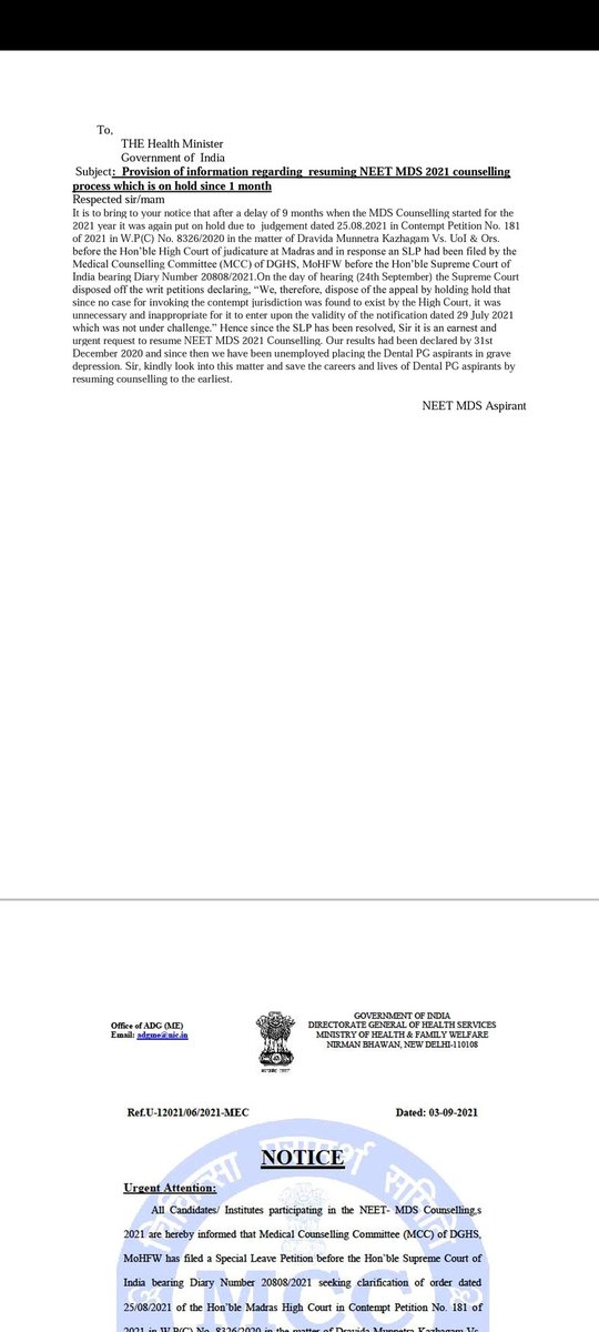 dentodontics's tweet photo. A Draft Addressing @mansukhmandviya @OfficeOf_MM @MoHFW_INDIA is been sent to you all by all the #NEETMDSCOUNSELLING aspirants to #ResumeNeetMDSCounselling
Demand:Address our draft ASAP &amp; Let Lazy MCC pull up a notice regarding restart of our counselling on Monday 
@ndtv @aajtak https://t.co/x68EcXl4w3