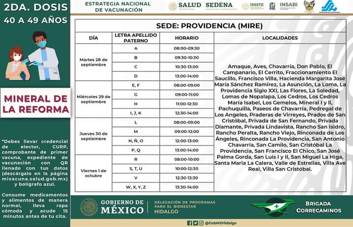 Salud_Hidalgo's tweet photo. #Convocatoria #2daDosis 
Si vives en #MineralDeLaReforma y tienes de 40 a 49 años, acude a las sedes para que te apliquen la segunda dosis de la #Vacuna contra la #Covid-19 de acuerdo a la convocatoria 👇 ¡No faltes! https://t.co/0YDbVlppex