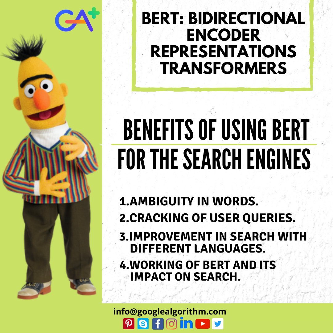 AlgorithmGoogle's tweet image. BERT ALGORITHM UPDATE : Google&apos;s BERT update is set to change the way the search engine handles naturally phrased search queries. 
BERT: Bidirectional Encoder Representations Transformers 

#GoogleAlgorithm #googlealgorithm2021 #google #bertalgorithmupdate #googlenews #BERT