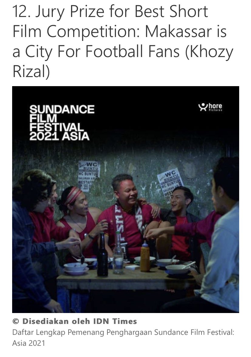 Sebuah film pendek tentang suporter <a href="/PSM_Makassar/">PSM Makassar</a> sukses meraih Jury Prize Award untuk Sundance Film Festival: ‘Makassar Is A City for Football Fans’ 👏🏻 

Link berita: msn.com/id-id/hiburan/…
