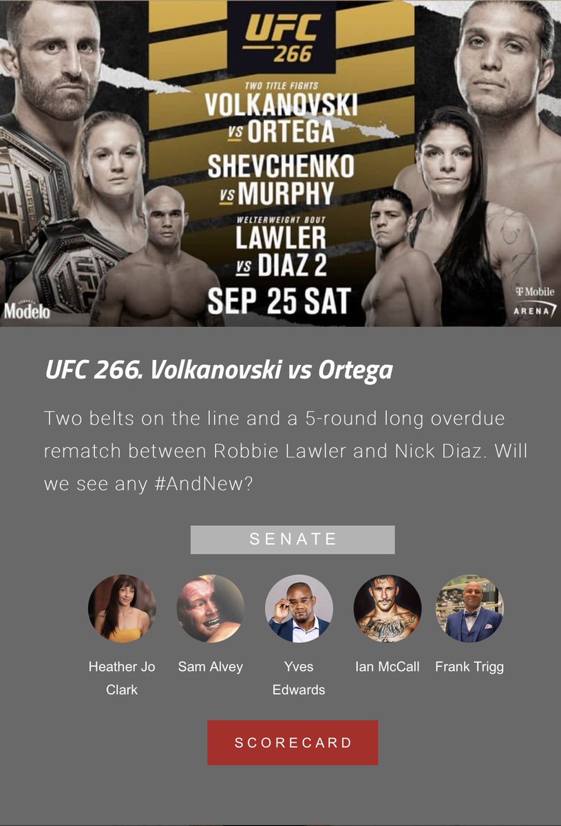 Incredible dominant performances during #ufc266 

No drama. No bad decisions. All class. Great card!!!

Senate’s scorecards can be found at ScoringSenate.com

Thank you @franktrigg <a href="/heatherjoclark/">heatherjoclark</a> <a href="/Unclecreepymma/">Ian McCall</a> <a href="/thugjitsumaster/">The Thugjitsu Master</a> <a href="/smilensam/">Sam Alvey</a>