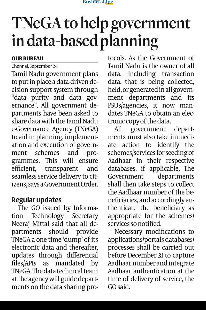 TNeGA_Official's tweet photo. Tamil Nadu government will put in place a data-driven decision support system through “data purity & governance”. All depts. asked to share data with TNeGA to plan, implement & execute of govt. schemes to ensure efficient & transparent service delivery to people acc. to a G.O. https://t.co/6yYBqU7J5v