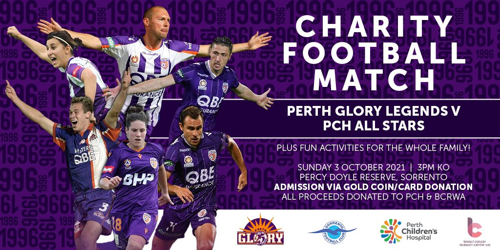 One week to go!
Hoping for a great turnout at <a href="/Sorrento_FC/">Sorrento FC</a> to see the <a href="/PerthGloryFC/">Perth Glory FC</a> Legends back in action against the <a href="/PerthChildrens/">Perth Children's Hospital</a> All Stars on Sun 3 Oct (3pm kick-off).
Inflatables, dance show and lots more!
<a href="/PCHFWA/">Perth Children's Hospital Foundation</a> <a href="/FootballWest/">Football West</a> #OneGlory
