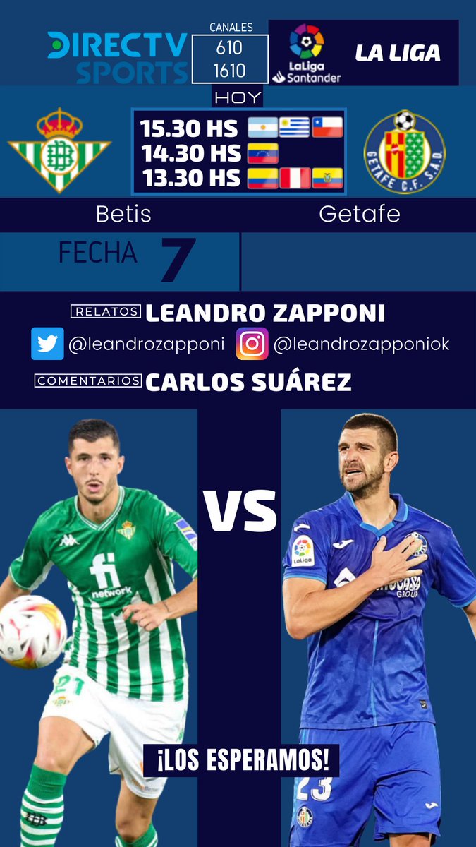 leandrozapponi's tweet photo. Sigue la #Fecha7 de #LaLiga 🇪🇸 por @DIRECTVSports 
Los esperamos junto a @CarlitosSuarez para un interesante #Betis - #Gerafe 
🐸⚽☝️😉 https://t.co/X9dvIchPjL