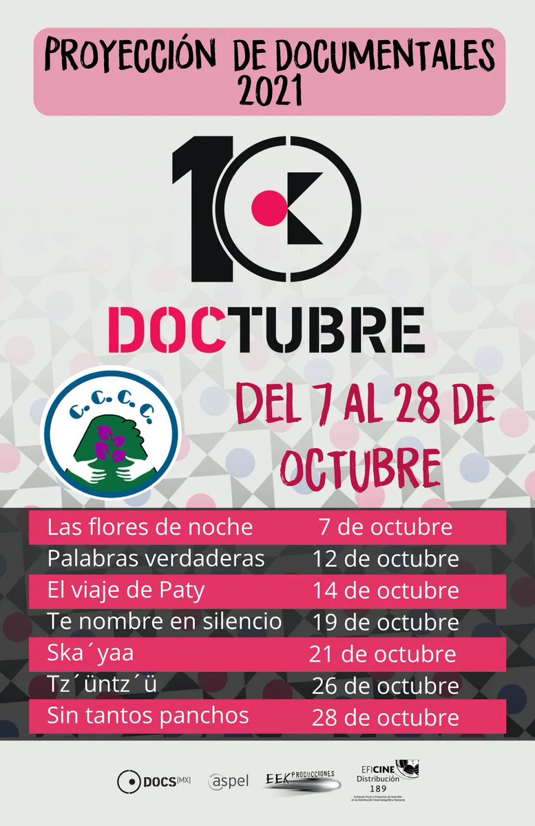 Hola 🌻

Estamos a punto de comenzar con #Doctubre | Exhibición de documentales en el barrio 🎥, en colaboración con <a href="/DocsMX/">DocsMX</a> ☺️ Por acá les damos un adelanto de títulos y fechas. Pronto más información. 

Abrazos 💮

#AquíAndamos 🤜🤛
#HaciendoComunidad
