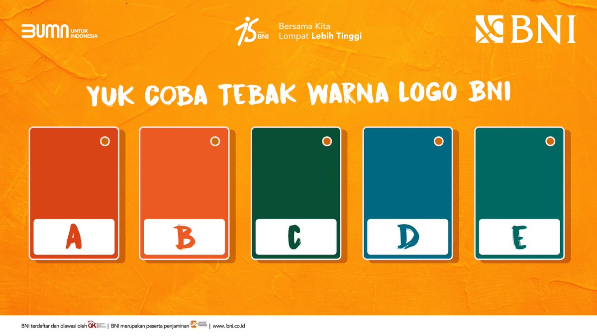 Selamat pagi gais!

Buat kamu yang udah bangun di Minggu pagi, kita tes mata dulu yok. Coba tebak, 2 warna yang ada di logo BNI yang mana nih?