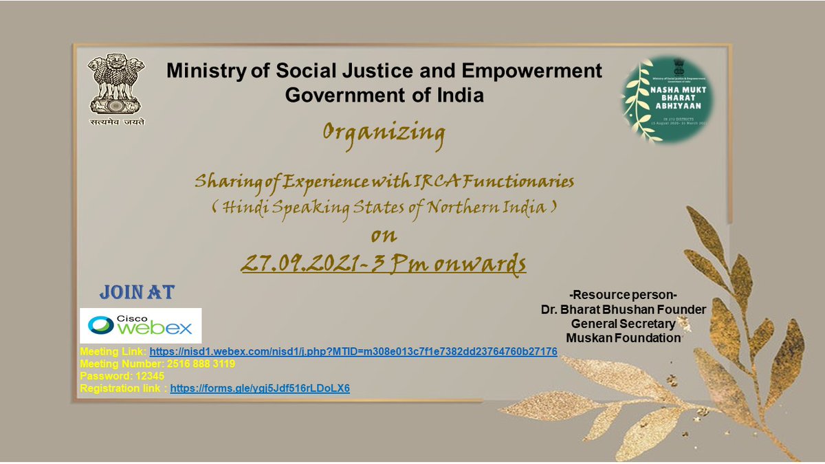 NISD_India's tweet photo. The functionaries of Integrated #Rehabilitation Centres for #Addicts (#IRCAs) will gather to share their experiences in the fight against #substance abuse at a #webinar on #September27 at 3pm. The event is being organised by National Centre #Drug Abuse Prevention (#NCDAP).. contd https://t.co/Oar2O1J3ei
