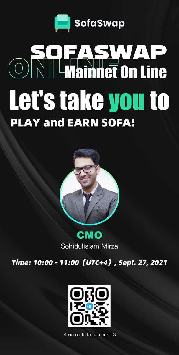 🥳🥳Announcement🥳🥳
The AMA of SofaSwap is coming！

If you have any questions？
If you want to earn more SOFA？
then you absolutely can't miss it！

Time：10：00-11：00 （UTC+4），Sept，27，2021.
Telegram：t.me/sofapub