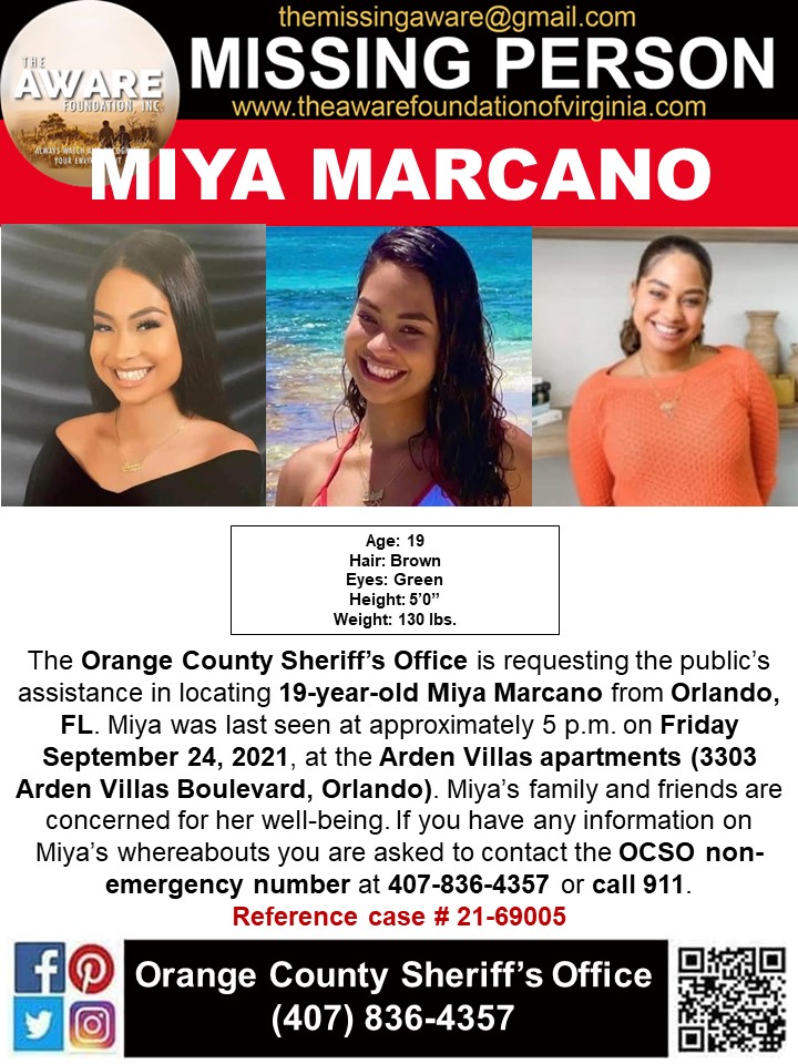 aware_the's tweet photo. ***MISSING*** The Orange County Sheriff’s Office is requesting the public’s assistance in locating 19-year-old Miya Marcano from Orlando, FL. Miya was last seen at approximately 5 p.m. on Friday, September 24, 2021, at the Arden Villas apartments. https://t.co/Ks1VkZ4fnq