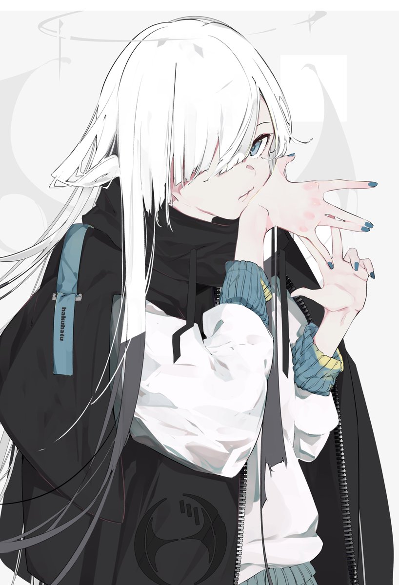 1girl solo hair over one eye white hair long hair nail polish jacket  illustration images