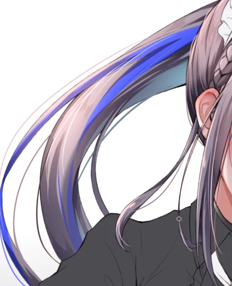髪塗った後仕上げで毛追加するんだけどこれ描いてるときめちゃ楽しいからおすすめ!スポイトで色取ってべた塗りブラシで線引くだけでぐっと髪っぽくなる 