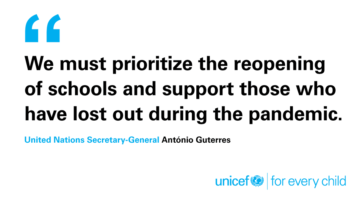 We couldn't agree more with UN Secretary-General <a href="/antonioguterres/">António Guterres</a>.
 
Students must resume classroom-based learning as soon as possible and receive the support they need to catch up through and beyond COVID-19. #ReopenSchools #UNGA
