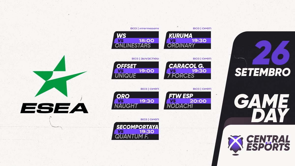 CentralDEsports's tweet photo. HOJE na π@ESEA - Playoffs:
18h
@WSESPORTSPT vs #OnlineStars
19h
@Offset_Esports vs @Team_UNQ
19h30
@OROESPORTS vs #Naught
@SeComportaYaaa vs #QuantumFlames
@KurumaEsports vs #Ordinary
#CaracolGigante vs #7FORCESTEAM
20h
@ftwesports.ESP vs @CSGO_nodachi
#CDEgameday #CDEesea https://t.co/G5jK4T7hNA