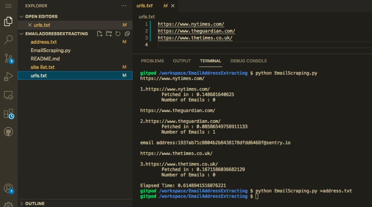 cyb_detective's tweet photo. EmailAddressExtracting
Get all the emails found in the code of the pages from the list of links. Write them to the file "urls.txt" and run the script.
https://t.co/2s2ZiVc8Pn
#python #github #developingprojects https://t.co/DTakaA9E2q