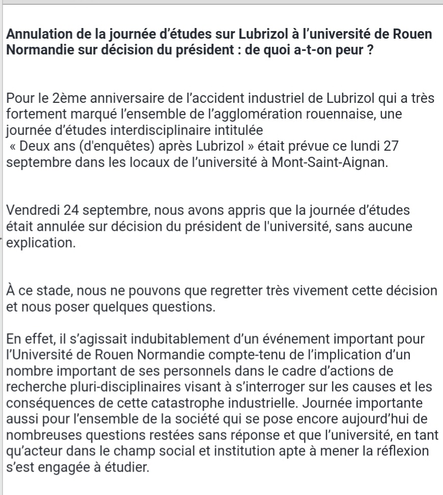mamacharp's tweet photo. Cher-es collègues, cher-es journalistes, l'heure est grave : annulation de la journée d'études sur Lubrizol (qui devait avoir lieu lundi) sur décision de la présidence de l'université !! Nous allons avoir besoin de votre mobilisation pour faire respecter les libertés académiques! https://t.co/uKarKUM4DH