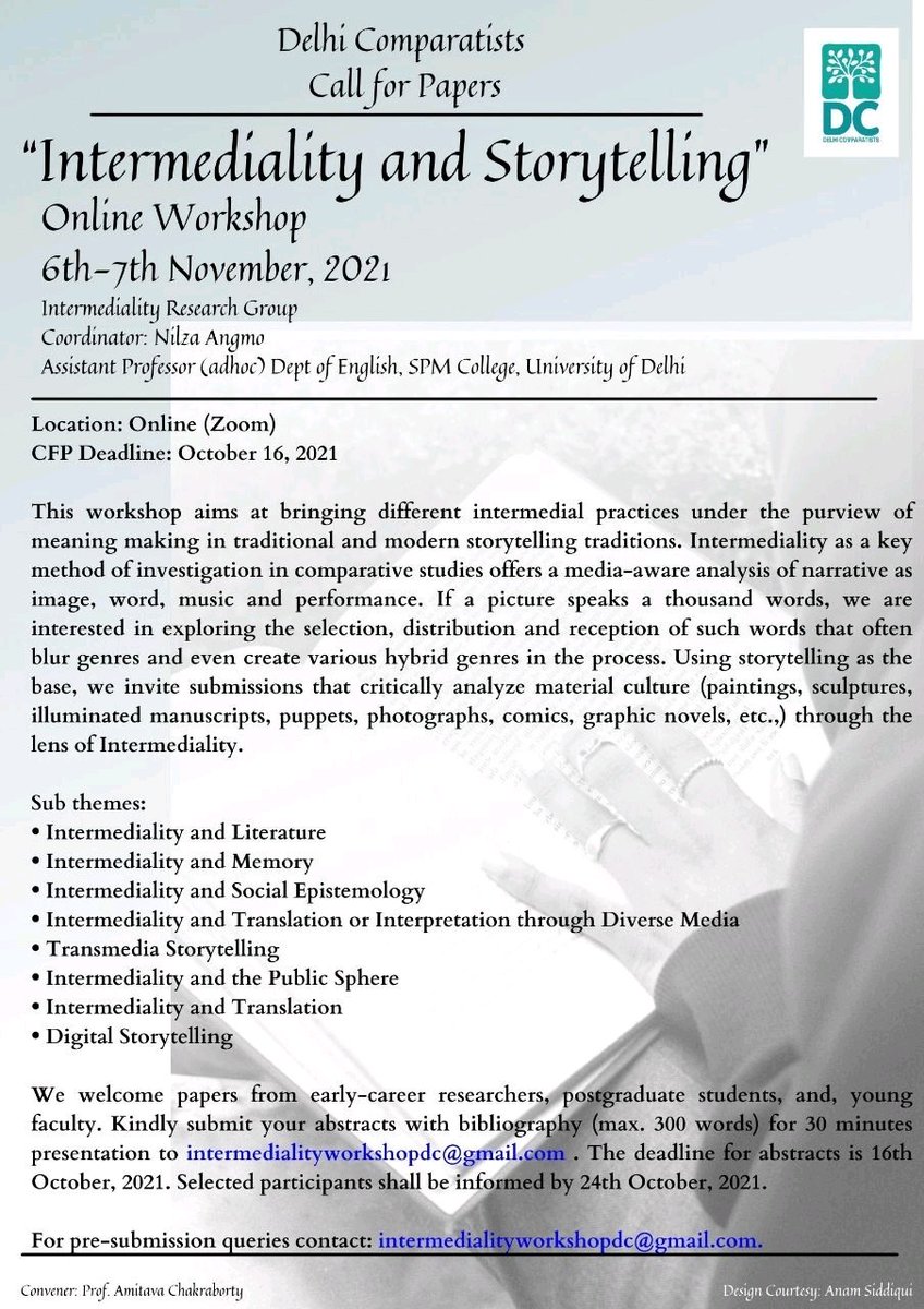 DComparatists's tweet photo. We welcome papers for an online workshop on "Transmediality and Storytelling". 

For pre-submission queries contact:intermedialityworkshopdc@gmail.com.  
@AbhishekVargh15
@CharulikaD

#workshop #delhicomparatists #culturalstudies #transmediality #comparative #literture https://t.co/RO5YEIC5UM