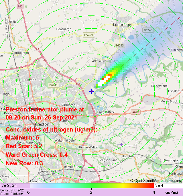 plumeplotter's tweet photo. Latest Preston incinerator plume plot, 09:20 26/09/21 #RedScar #WardGreenCross #NewRow https://t.co/vYUTMnLQDm https://t.co/heevOiIMC1