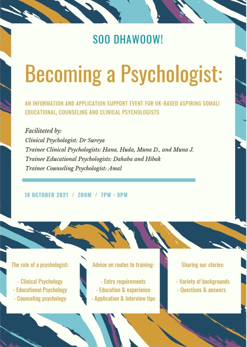 hmoham0's tweet photo. We're organising an event for aspiring psychologists from Somali backgrounds!  If you or anyone you know is interested in pursuing a Psychology Doctorate in the UK, please share &amp; use the link to sign up: https://t.co/ylJDocHpIz https://t.co/uVprRKTMr6