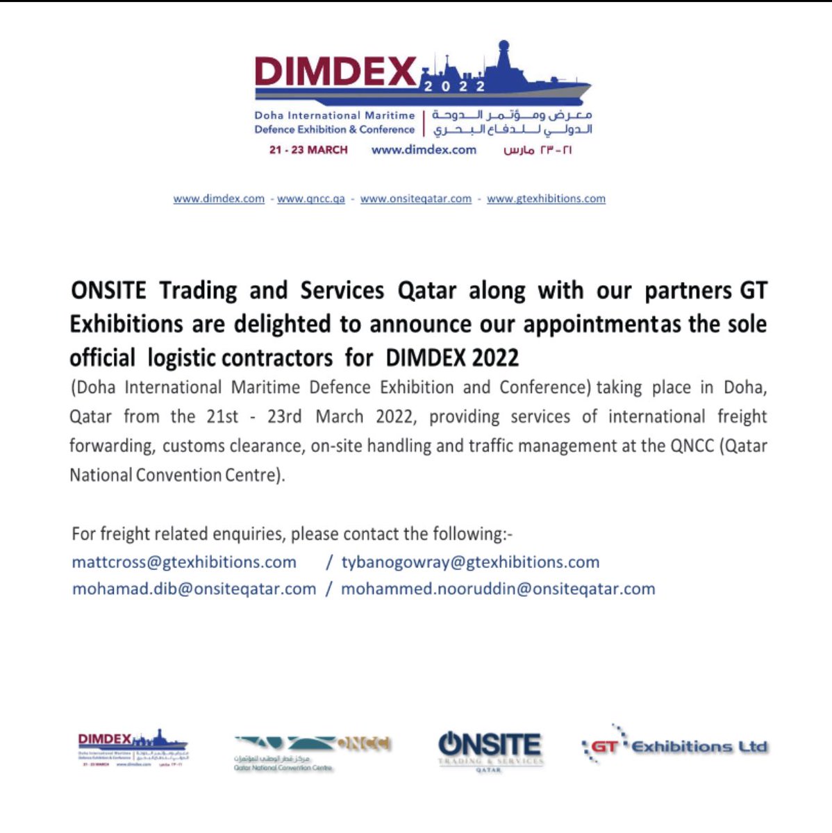 onsiteqatar's tweet photo. Onsite Qatar is pleased to announce that we have been appointed as the sole official Logistics Contractor for Dimdex 2022 which will be held at QNCC, Doha - Qatar from 21st till 23rd of March 2022  #onsiteqatar #Doha #Qatar #qatarnews #qatarliving https://t.co/rt1xksZbij