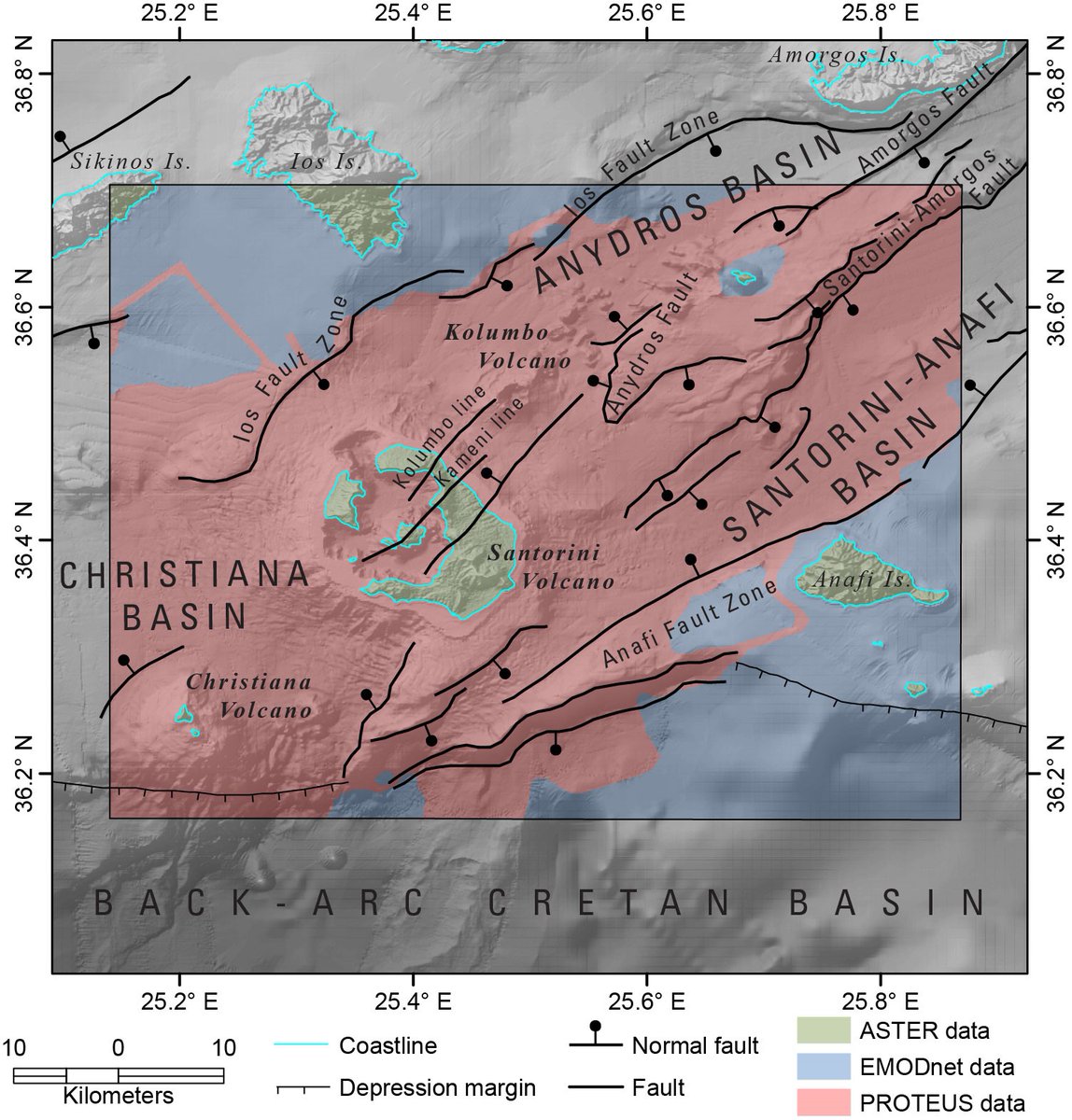 ProjectSantory's tweet image. Το ηφαιστειακό σύμπλεγμα Χριστιανά-Σαντορίνη-Κολούμπο (CSK VG) ακολουθεί τη διεύθυνσης της ΒΑ-ΝΔ ζώνης ρηγμάτων Σαντορίνη-Αμοργός μέσω της οποίας ανήλθε το μάγμα. Μέχρι σήμερα έχουν διεξαχθεί υποθαλάσσιες έρευνες με multibeam, ROVs &amp;amp; σεισμικά. Χάρτης από Huff et al.,2021 #santory