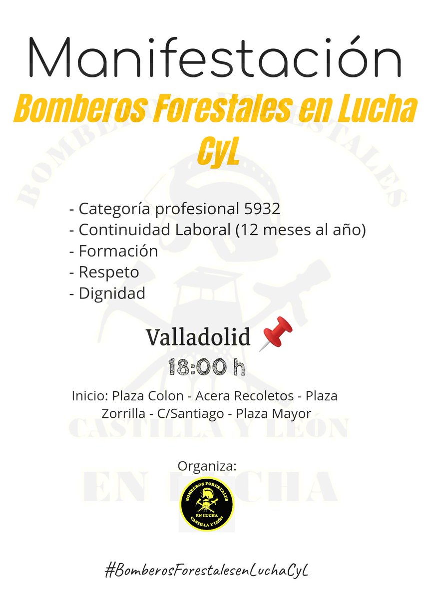 ‼️ La lucha solo acaba de empezar ‼️

Sábado 2 de octubre de 2021, Valladolid. 

- Categoría profesional 
- Estabilidad 
- Formación
- Respeto

Queremos un trato digno por parte de la Admin de una vez, y vamos a lucharlos. 

#BomberoForestalesenLuchaCyL
