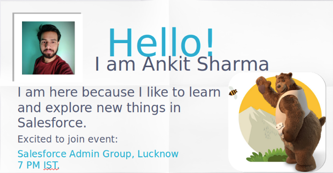 AnkitSharma_17's tweet photo. @salesforce @LucknowSfGroup @vivekgupta_
 #trailblazerCommunity #LKO-SF-Community
Excited to attend the event!! https://t.co/NE07S4wF4Q