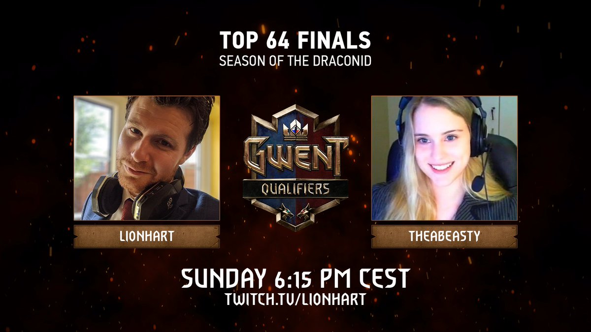 ClaymoreGWENT's tweet photo. TOP 64 finals of the Season of the Draconid are taking place this Sunday!

Tune in to https://t.co/paEfXfQwJt at 6.15 PM CEST for the broadcast with @LionHart__ and @theabooysen!

#GWENT #eSports
@PlayGwent @GWENTMasters https://t.co/PqNXf5TjQ2
