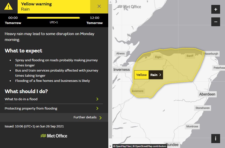 ⚠️YELLOW WEATHER WARNING⚠️

The <a href="/metoffice/">Met Office</a> have issued a YELLOW weather warning for RAIN 🌧️ affecting Grampian &amp; Highlands area.

Monday 27 September 00.00 until 12.00

More information can be found here 👉 bit.ly/3zTmurD

#drivesafe