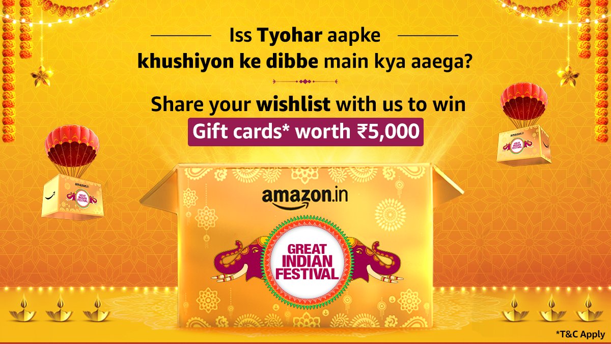 amazonIN's tweet photo. The latest gadget, a smart TV or a stylish outfit?
Tell us what you want to shop from Amazon and you could win a gift card worth Rs 5,000.*
Use #AmazonGreatIndianFestival and tag @AmazonIN.
*T&amp;C apply: https://t.co/lqdVkfOwmC
#BoxesOfHappiness https://t.co/IHqvDvccgy