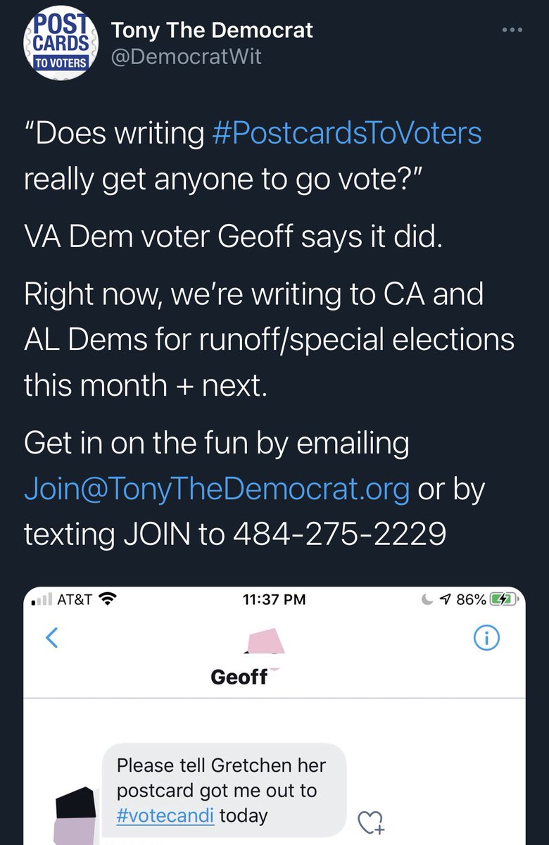 GretchenVaughn's tweet photo. @Jennife58996304 @miracleguppy @DemocratWit A #PTVInTheWild is the best feeling!

I was honored someone went through the trouble of looking up and sending a DM to @DemocratWit.

I think voters can feel the love and time we put into #PostcardsToVoters.

#VoteCandi @CandiKingForHD2 was one of my favorite campaigns, too. https://t.co/9oK77DEbTA