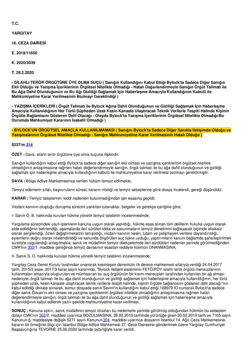 insan_hukuk's tweet photo. YARGITAY; Yazışma içeriklerine göre örgütsel amaçla kullanılmayan bylock programı nedeniyle MAHKUMİYET verilemez.

Yargıtay kararı doğrultusunda verilen Ağır CM kararı;Yazışma içeriklerine göre örgütsel amaçla kullanılmayan bylock programı nedeniyle ilgiliye mahkumiyet verilemez. https://t.co/LOJkzo6ERa