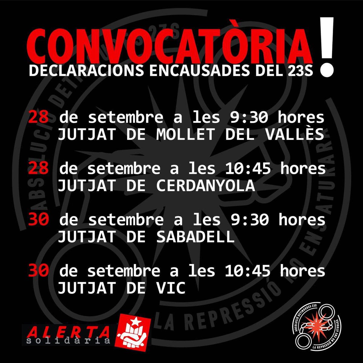 🔴 ATENCIÓ

Donem escalf al nostre company <a href="/EduGB1970/">Edu ||*||</a> al jutjat d #Cerdanyola x fer una indagatòria.
#ProuMuntatgesPolicials 

Podriem ser qualsevol, no li fallem‼️

📆 28/09 
⏰ 10:15h
📍 Jutjat de #Cerdanyola

#AbsolucióEdu #AbsolucióEncausades23S #MaiCaminareuSoles #CDRenXarxa