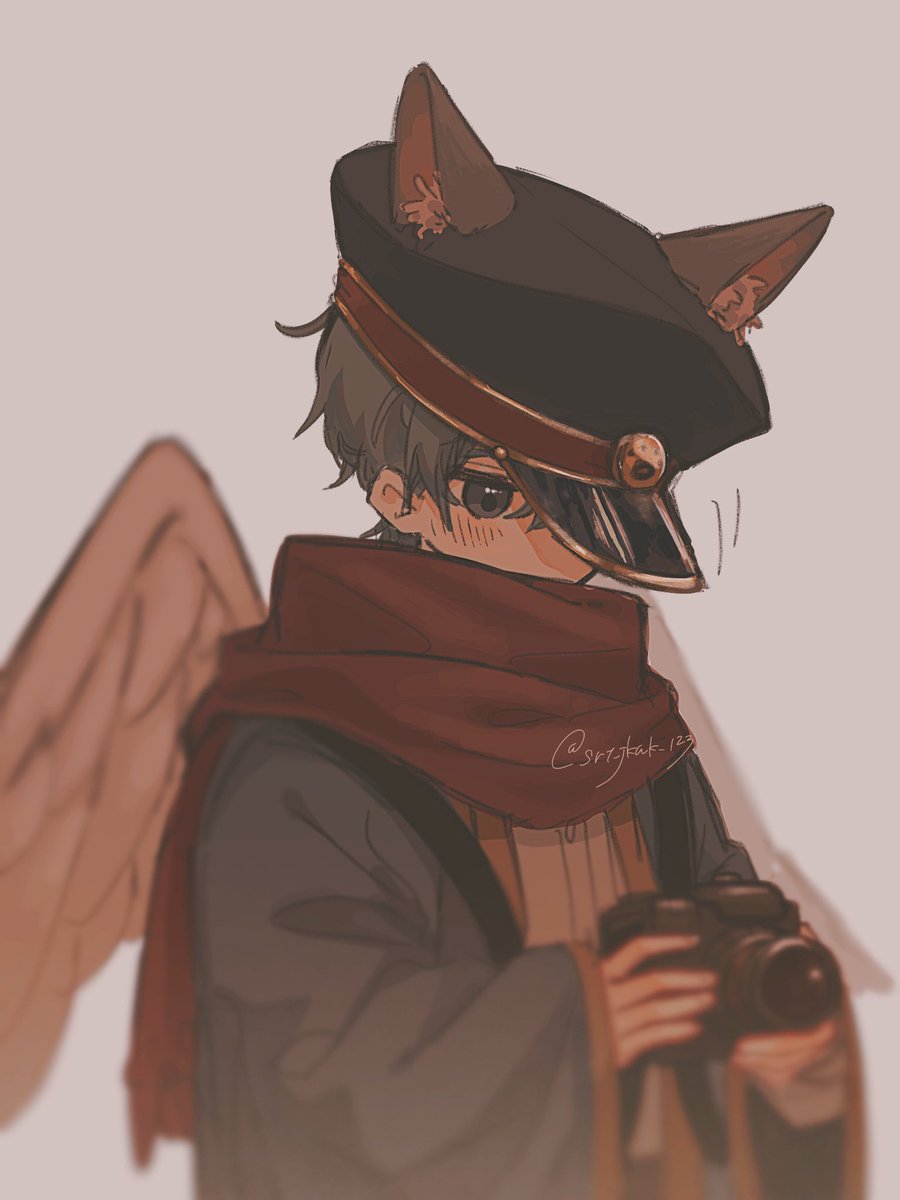 1boy animal ears male focus wings scarf hat holding  illustration images