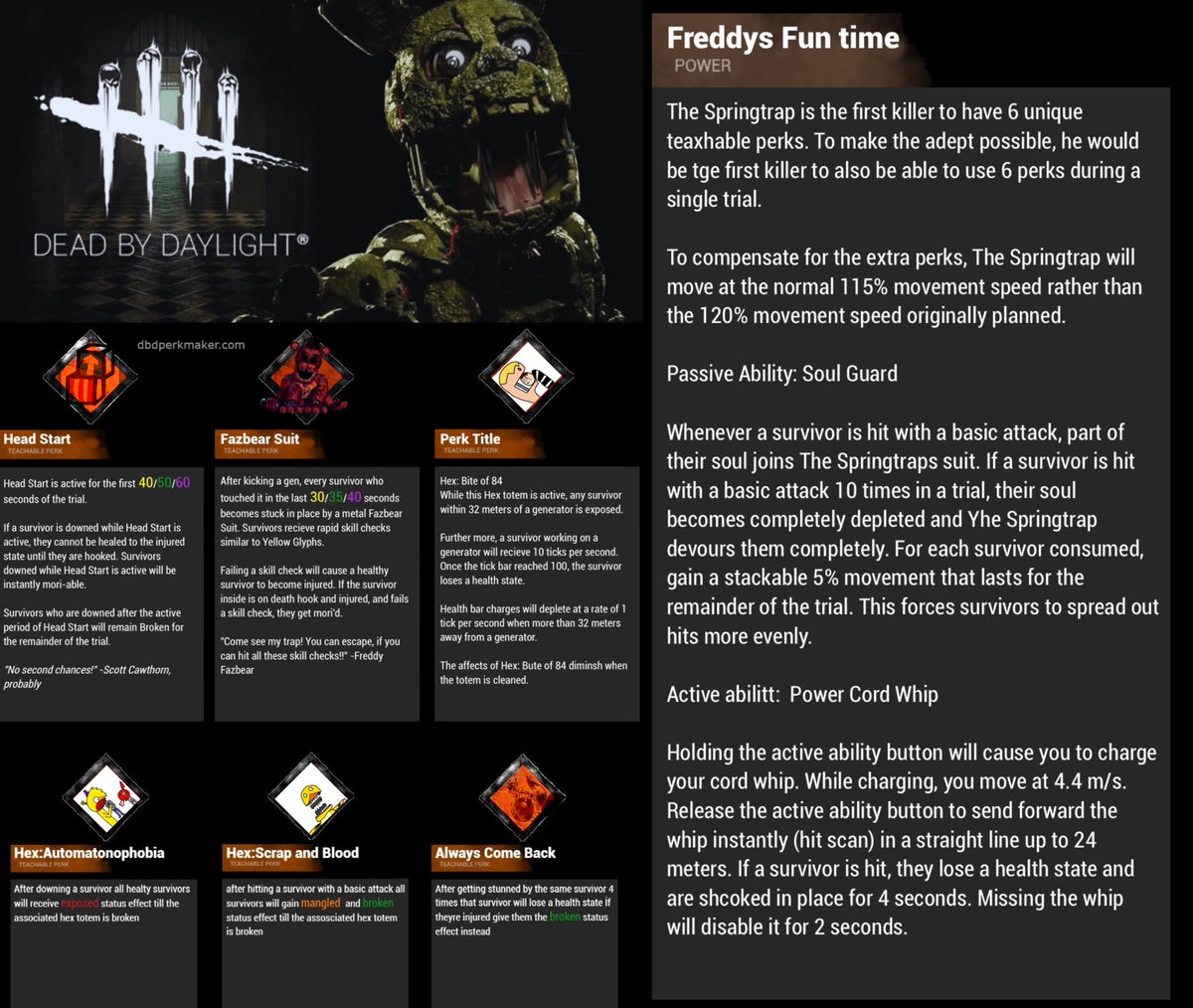DBDSpringtrap's tweet image. This is my finalized concept for my FNAF chapter. @DeadByBHVR @DbDMobile @McLean_Yep @PotatoLegionYT @PaulieEsther1 Please consider adding to your game! It’s was a project for my graphic design class. The teacher said it was cool 🤩