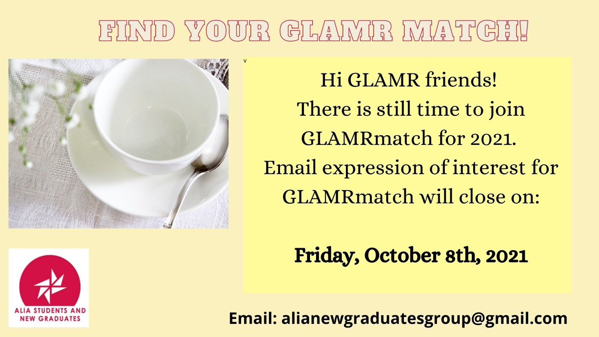 ALIANewGrads's tweet photo. #GLAMR friends, there is still time to join #GLAMRmatch! Take this opportunity to #network, ask questions & learn from professionals, students & graduates interested in GLAMR sectors.
Please email us your EOI to join by Friday, October 8th, 2021!
#galleries #libraries #museums https://t.co/k3YC7wnsv6