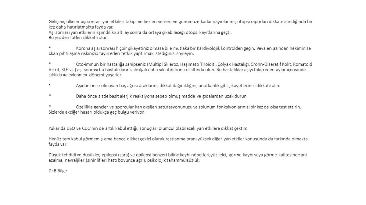 Etrafımızda sayıları giderek artan "ani ve beklenmeyen ölüm haberleri giderek artıyor."
Tekrar hatırlatmakta fayda var.
Aşıların ölümcül erken yan etkilerinin bir kısmı önlenebilir.
Lütfen ihmal etmeyin.
Önerilerim ekte.