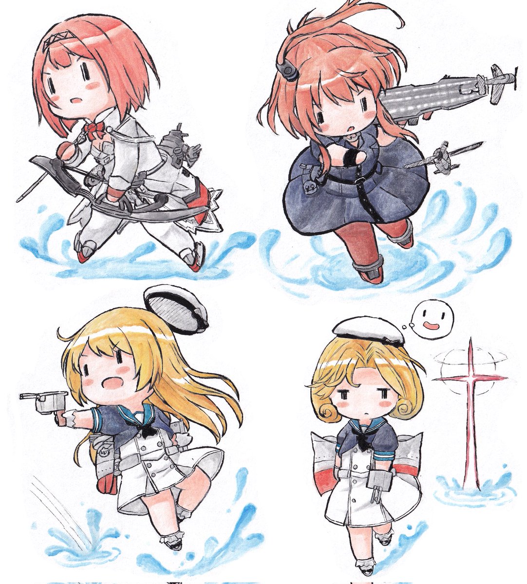 ark royal (kancolle) ,jervis (kancolle) ,saratoga (kancolle) dress multiple girls blonde hair hat sailor dress weapon 4girls  illustration images