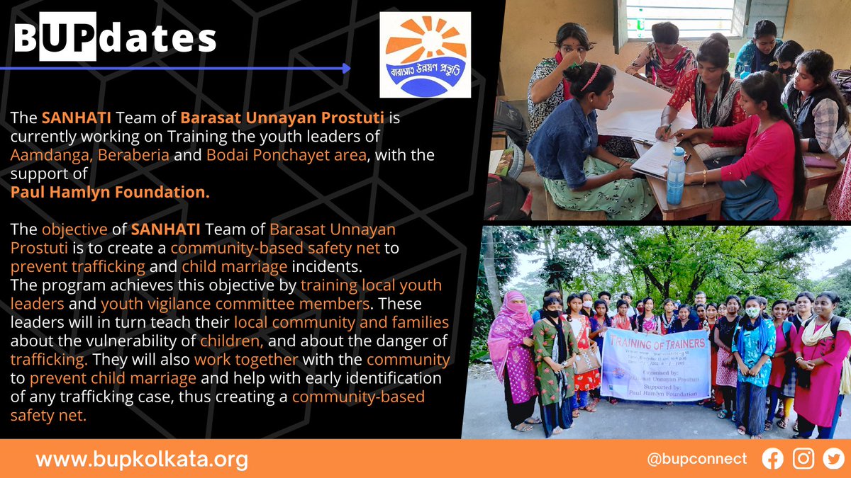 bupconnect's tweet photo. The SANHATI Team of Barasat Unnayan Prostuti is currently working on Training the youth leaders of Aamdanga, Beraberia and Bodai Ponchayet area, with the support of @phf_uk Paul Hamlyn Foundation.
#HumanTrafficking #BUPdates https://t.co/kO9yVyq1yA
