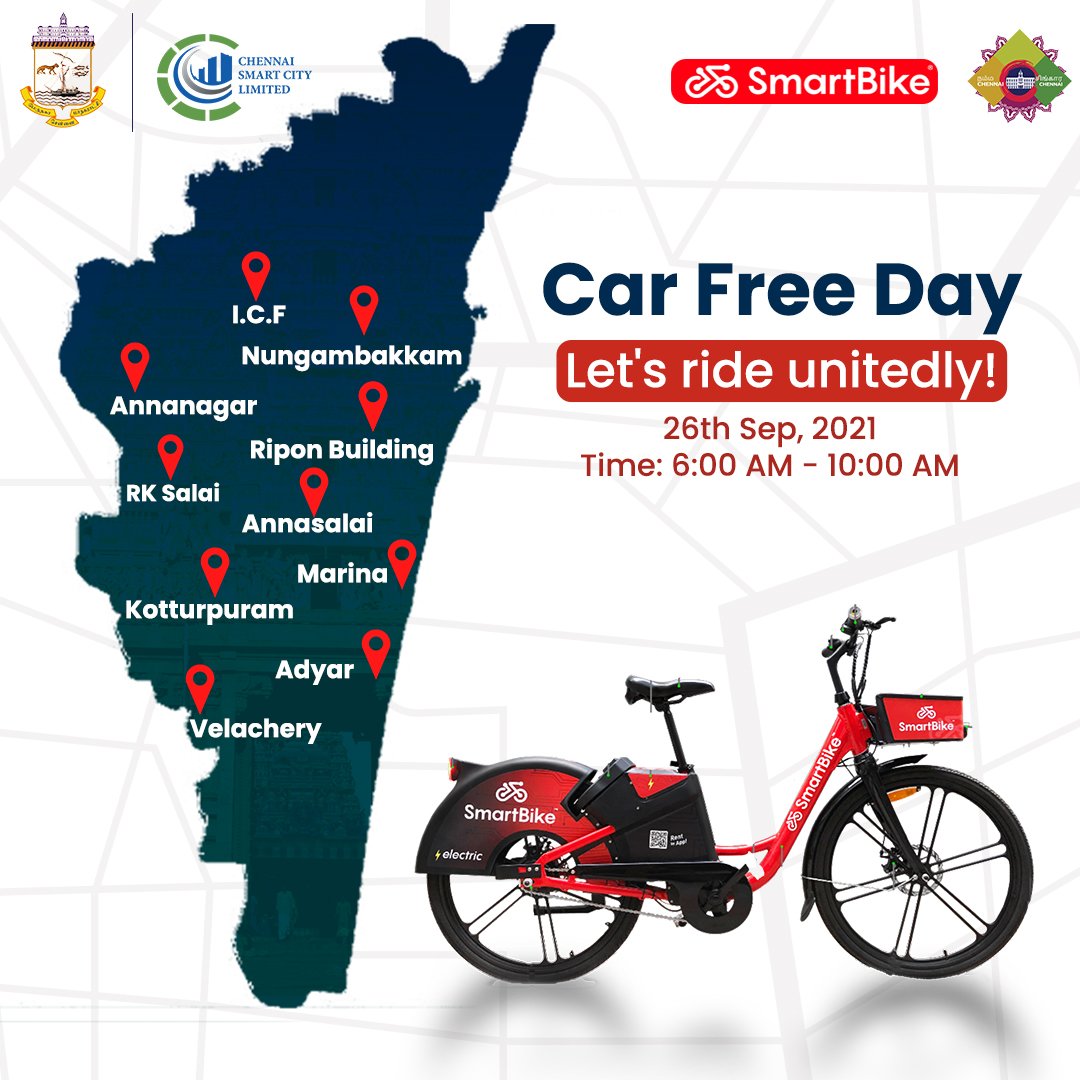 SmartBikeIN's tweet photo. In order to commemorate the #CarFreeDay and create awareness on COVID vaccination, cycle rallies have been organised in 10 locations across the Chennai city.
#SmartBike #Cycle2Work #Cycle2Shop #Freedom2Fitness #ChennaiWellness #Cycling #Chennai @chennaicorp @csclofficial https://t.co/okzlHUx0Y6