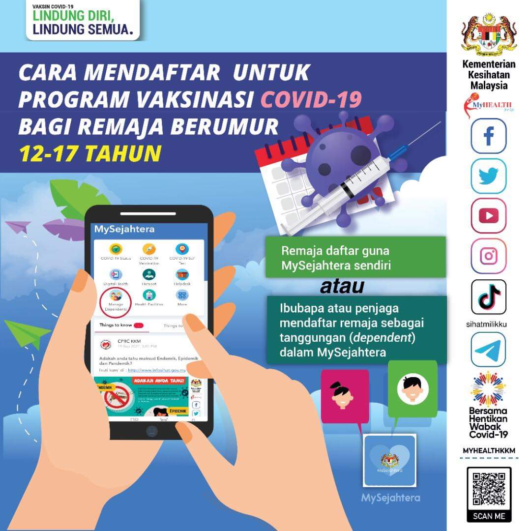 Jabatan Penerangan Johor On Twitter Remaja Boleh Mendaftar Untuk Program Vaksinasi Covid 19 Menggunakan Mysejahtera Sendiri Atau Sebagai Tanggungan Dalam Mysejahtera Ibu Bapa Atau Penjaga Sumber Kkm Portal Myhealth Anms Sihatsepanjanghayat
