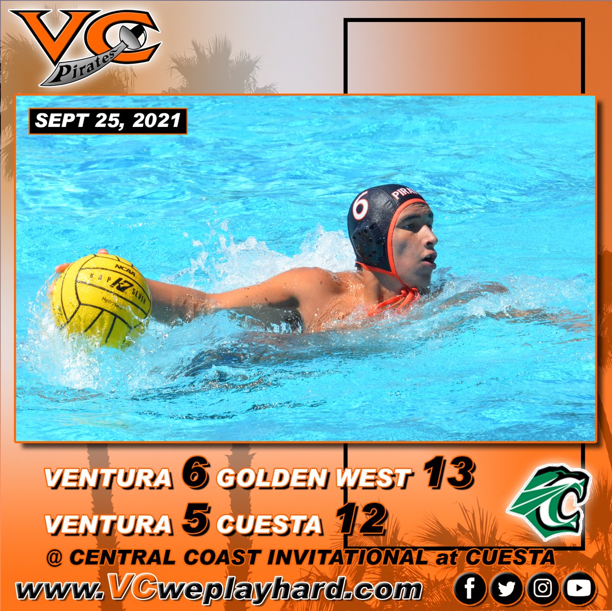 The VC men's water polo team had a difficult day at the Central Coast Invitational Saturday. The Pirates dropped their opener to Golden West 13-6 before falling to host Cuesta 12-5. Alexis Nava and Anthony Ibarra each recorded a pair of scores.
vcweplayhard.com/sports/mwaterp…