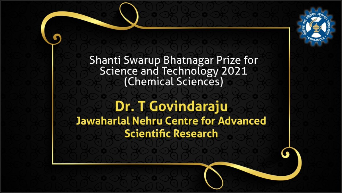 CSIR, India (@csir_ind) on Twitter photo Hearty Congratulation to Dr. T Govindaraju of Jawaharlal Nehru Centre for Advanced Scientific Research on winning the Shanti Swarup Bhatnagar Prize (SSB) for Science and Technology 2021 (Chemical Sciences)
<a href="/DrJitendraSingh/">Dr Jitendra Singh</a>
<a href="/shekhar_mande/">Shekhar Mande</a>
<a href="/mygovindia/">MyGovIndia</a>
<a href="/PIB_India/">PIB India</a> Hearty Congratulation to Dr. T Govindaraju of Jawaharlal Nehru Centre for Advanced Scientific Research on winning the Shanti Swarup Bhatnagar Prize (SSB) for Science and Technology 2021 (Chemical Sciences)
<a href="/DrJitendraSingh/">Dr Jitendra Singh</a>
<a href="/shekhar_mande/">Shekhar Mande</a>
<a href="/mygovindia/">MyGovIndia</a>
<a href="/PIB_India/">PIB India</a>