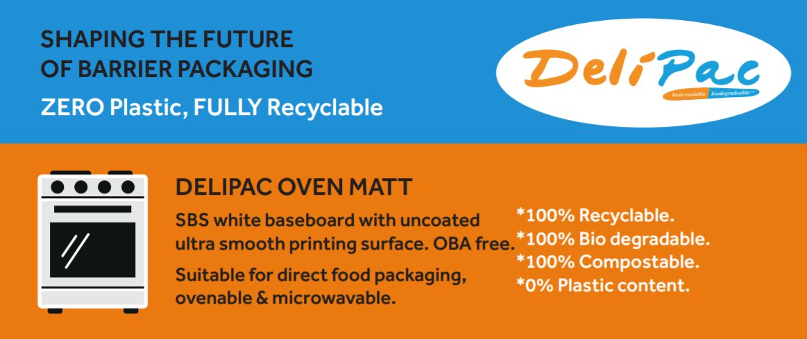 Delipac's tweet photo. Delipac Oven Matt is suitable for direct food packaging, plus it's ovenable and microwavable. Like all our products, it's also:

100% recyclable ✅
100% biodegradable ✅
100% compostable ✅
0% plastic ✅

Read more about our #sustainability here - https://t.co/ZHmnoaOtDc https://t.co/PFMML5kJnb