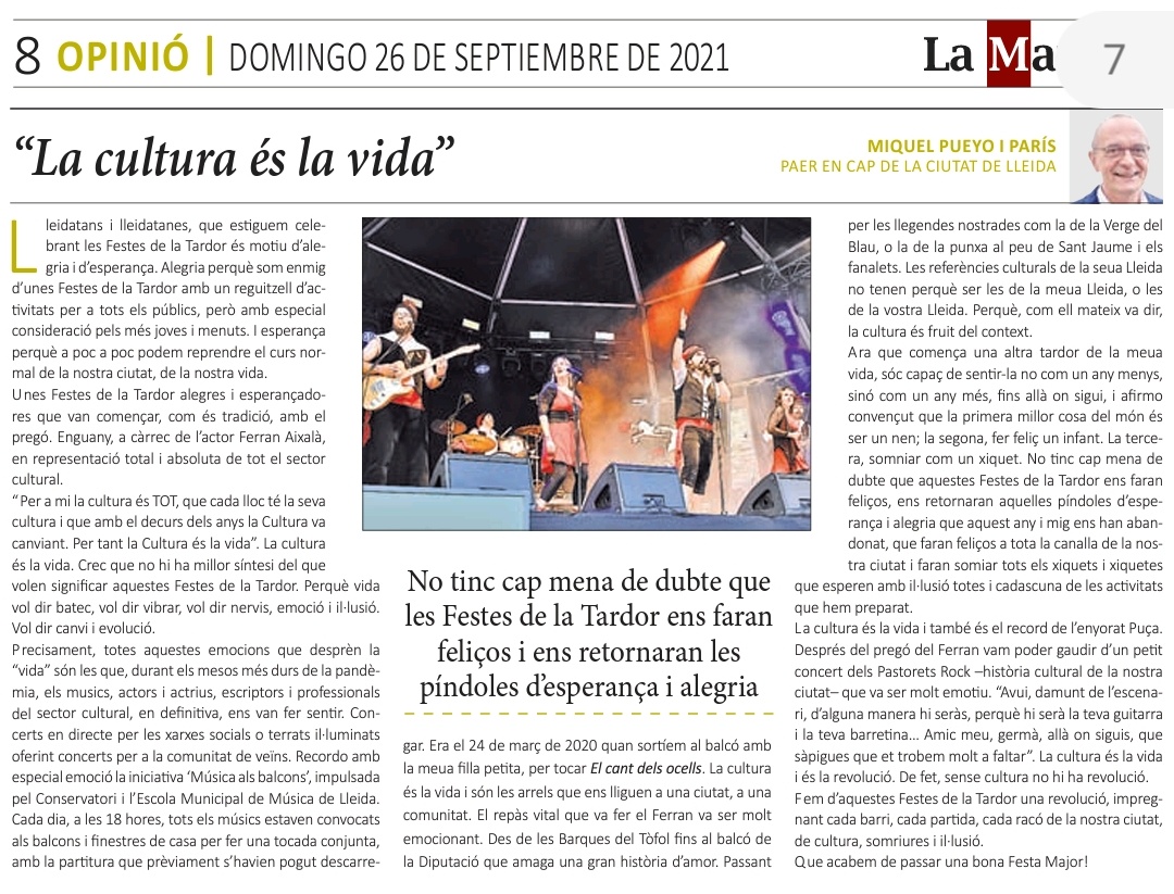 🗞️Bon diumenge! Ja podeu llegir als diaris locals el meu article "La cultura és la vida", citant i parafrasejant al nostre pregoner <a href="/loferranaixala/">ℲƎᴚᴚ∀N</a>. Gaudim d'aquestes Festes de la Tardor, una oportunitat pel sector cultural i un motiu d'esperança pels lleidatans i lleidatanes ✨