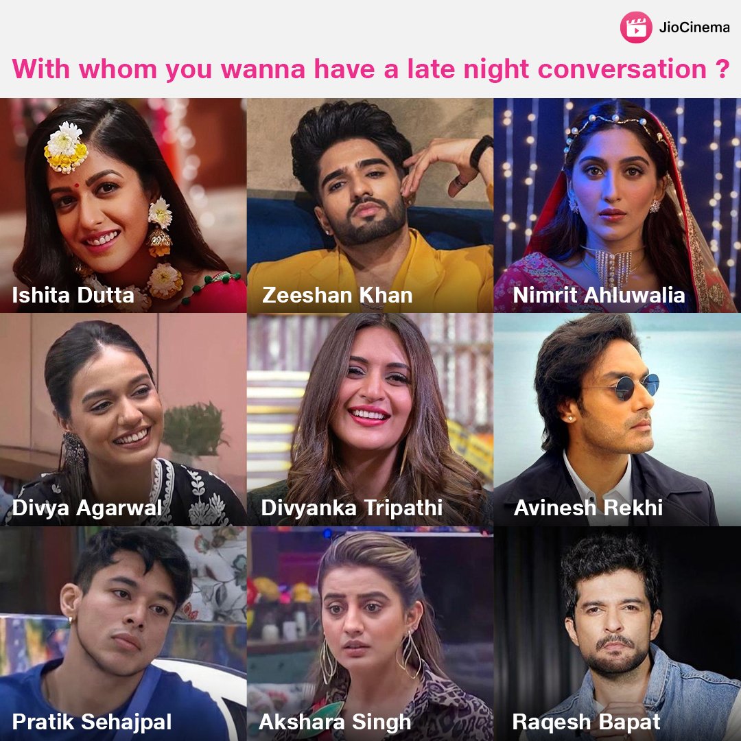 HotstarReality's tweet photo. Choose a #star with whom you want to share your #dilkibaat🤭😉

#zeeshankhan #nimritahluwalia #avineshrekhi #pratiksehajpal #aksharasingh #biggbossOTT #thodasabaadalthodasapaani #chotisarrdaarni #kkk11 #sundayvibes @ishidutta @Divyanka_T @RaQesh19 @Divyakitweet https://t.co/bUkov9xEAc